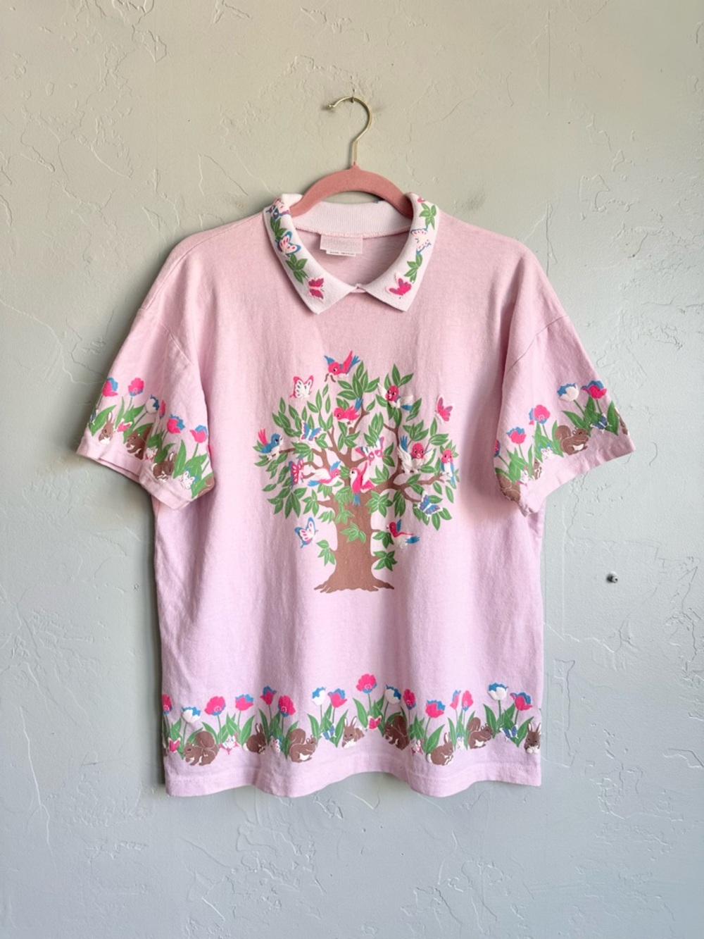 80’s‎ Vintage Spumoni Puff Print Collared T-Shirt Medium Easter Spring Animals